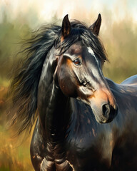 close-up portrait of a majestic horse with a flowing mane and intense eyes, standing in a meadow. Oil paint  style, generative ai 