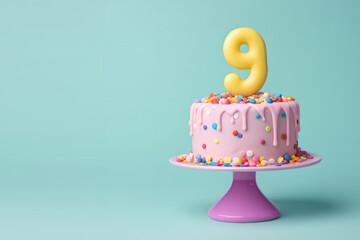 9th years birthday cake on isolated colorful pastel background. Generative Ai.