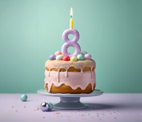 8th years birthday cake on isolated colorful pastel background. Generative Ai. - obrazy, fototapety, plakaty