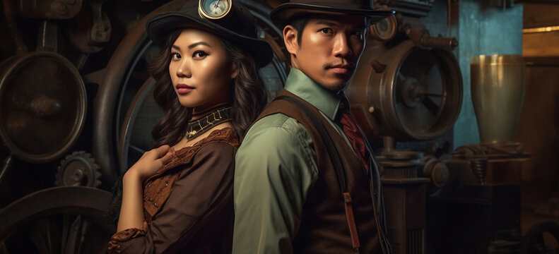 Porttrait of an asian ethnic couple in steampunk style.  Image Generative AI.
