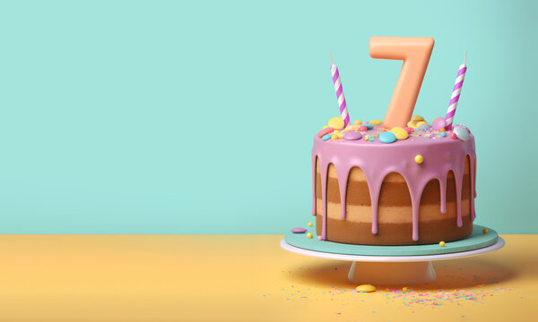 7th years birthday cake on isolated colorful pastel background. Generative Ai.