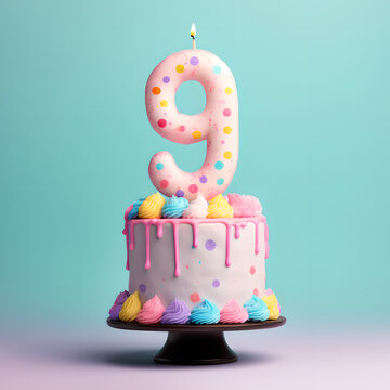 9th years birthday cake on isolated colorful pastel background. Generative Ai.