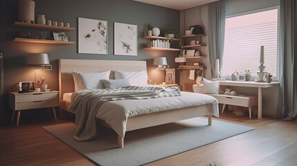 Elegant room interior with large comfortable bed