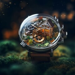 old luxury watch with a small house in it.  generative AI illustration.