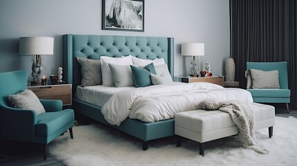 Fototapeta na wymiar luxury room with a big comfortable bed. generative AI. 