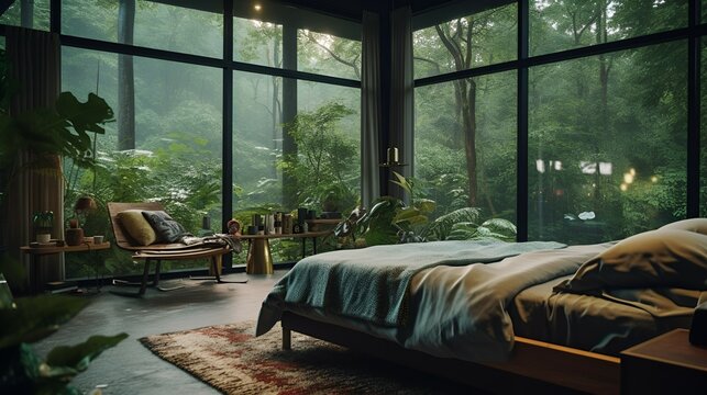 bedroom with a view to an amazing forest.  generative AI illustration.