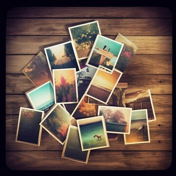 A stack of instant photos with summer theme. Illustration AI Generative.