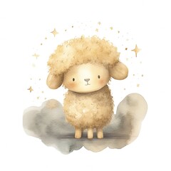 Cute watercolor night sheep and moon. Illustration AI Generative.