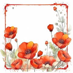 Red watercolor poppy flower frame. Illustration AI Generative.