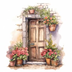 Fototapeta na wymiar Cozy door with flowers watercolor. Illustration AI Generative.