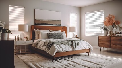 bright modern bedroom.  generative AI illustration.