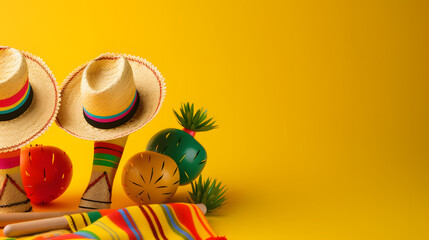 Cinco de Mayo holiday background. Maracas, cactus and hat on yellow background.