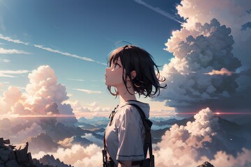 Naklejka premium A pretty girl is climbing a mountain against the backdrop of a cloud-filled sky, japanese anime style illustration. generative AI