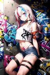 Fototapeta premium A gorgeous street fashion-style girl with blonde hair standing in front of a graffiti wall in the back alley, japanese anime style illustration. generative AI