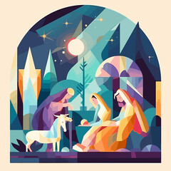 Jesus nativity scene abstract, watercolor, and vector illustrations