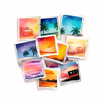 Watercolor stack of instant photos with summer theme. Illustration AI Generative.