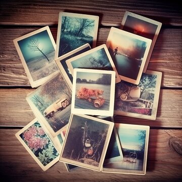 A stack of instant photos with summer theme. Illustration AI Generative.
