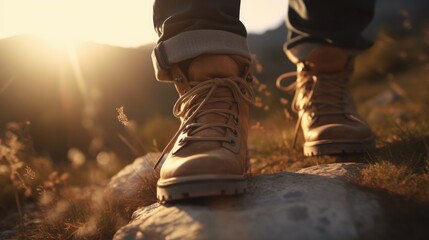 A close-up: a neural, AI-generated shot of a male foot in hiking boots, stepping back on an outdoor trail