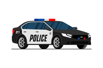 Black police sedan car. City patrol automobile front side view. Cop transport isolated on white background. Flat style 911 vehicle flat vector eps illustration