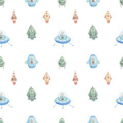 Watercolor seamless pattern with space rockets on white background. Design with space elements