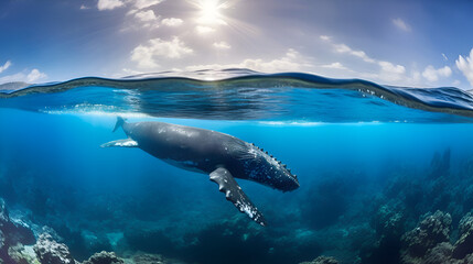An Underwater View of The Ocean with a Humpback Whale. Generative AI
