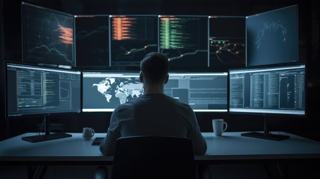 Neural depiction of a man programmer, at work across multiple computer monitors, contemporary coding workspace