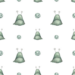 Stylized watercolor seamless pattern with alien and meteorites on white background. Galaxy design