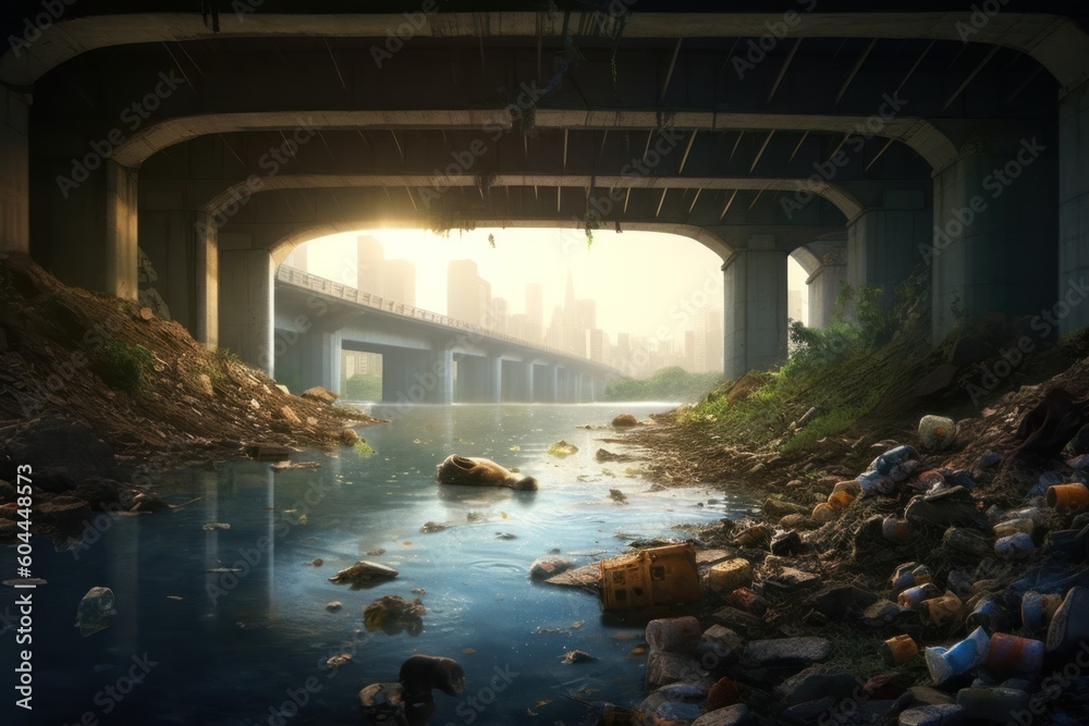 Wall mural ai generated organic trash in the river under bridge background