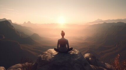 Naklejka na ściany i meble In calm mountains woman finds balance through AI-assisted neural meditation, embodying a serene and balanced life