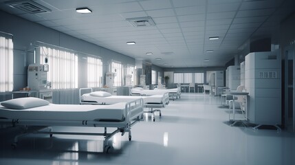 Inside view of a modern hospital ward, hyper-detailed and photorealistic, an AI-driven