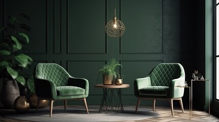 Green armchairs in a home interior mock-up. Generative AI.