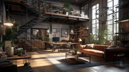 Modern industrial living room. Generative AI.