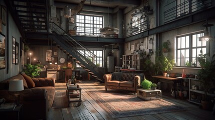Stylish loft-inspired interior. Generative AI.