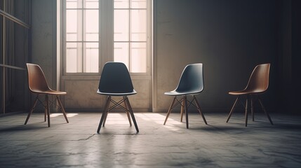 Light-filled space with four chairs. Generative AI.