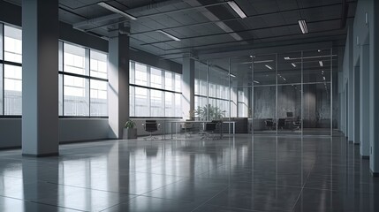 Sleek and modern interior of a spacious office building. Generative AI.