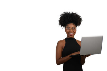 woman holding laptop computer typing on keyboard looking at camera, black woman	