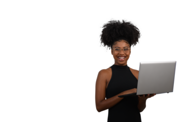 woman holding laptop computer typing on keyboard looking at camera, black woman	