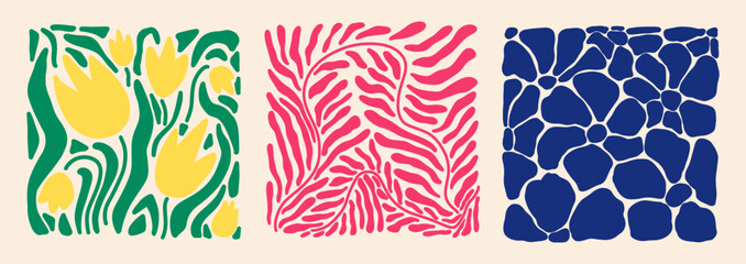 Aesthetics of Matisse's curves. Groovy abstract postcards with patterns. Flower drawings, botanical art. Fashionable organic style of naive retro hippies of the 60-70's. Mother's Day vector background