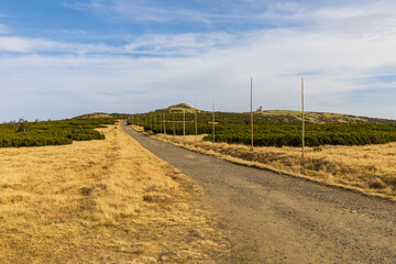 Fototapeta na wymiar Long and stony mountain trail at sunny autumn day