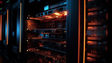 Glowing Beacons of Data: Server Racks that Power AI-Driven World, Nestled in Dark Depths of a Database Service Center