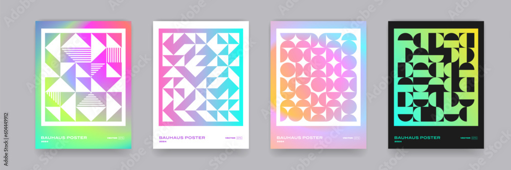 Aufkleber Bauhaus geometric pattern background, vector abstract circle, triangle and square lines art. Yellow, blue, red and green color, trendy Bauhaus pattern backgrounds set
