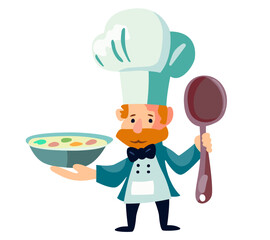 chef cook in hat with dish plate of food and big spoon with beard bow tie cartoon vector illustration