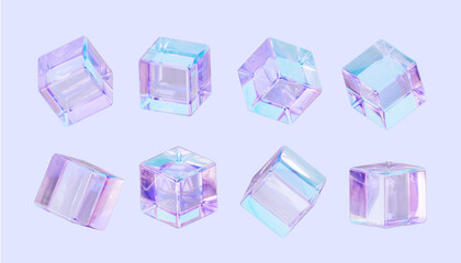 Set 3d  glass Iridescent plastic cubes, crystal blocks with holographic transparent texture. 3d rendering illustration.