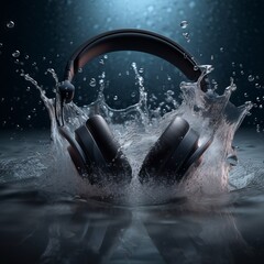 High tech headphones making a splash in water. Generative AI. 