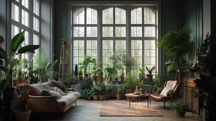 Biophilic living room interior featuring large windows, an abundance of plants, natural light, neural