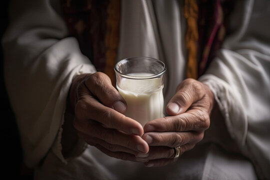 an old man's hands holding a glass of milk, which is being poured from the top to bottom. Generative Ai