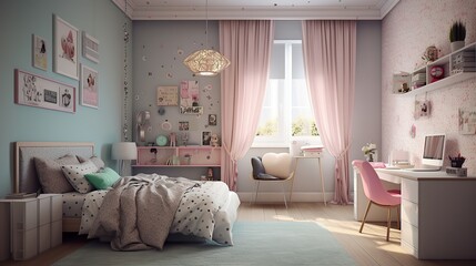 Teenager girl's room, hyper-detailed, AI-generated realism, showcasing a contemporary and personalized living space