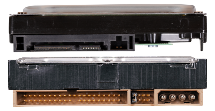 Connectors for two data storage drives. Isolated background.