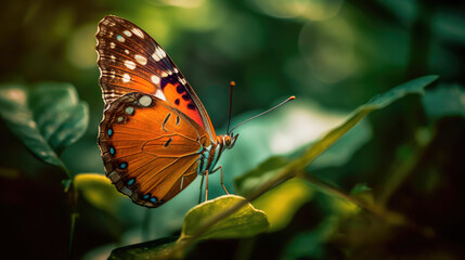 Fototapeta premium Close-up of a butterfly on a flower, a butterfly on a flower in the garden, a blurred background of a flower with a butterfly. A sense of beauty is created. Generative AI