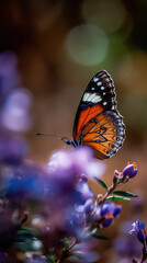 Fototapeta na wymiar Close-up of a butterfly on a flower, a butterfly on a flower in the garden, a blurred background of a flower with a butterfly. A sense of beauty is created. Generative AI